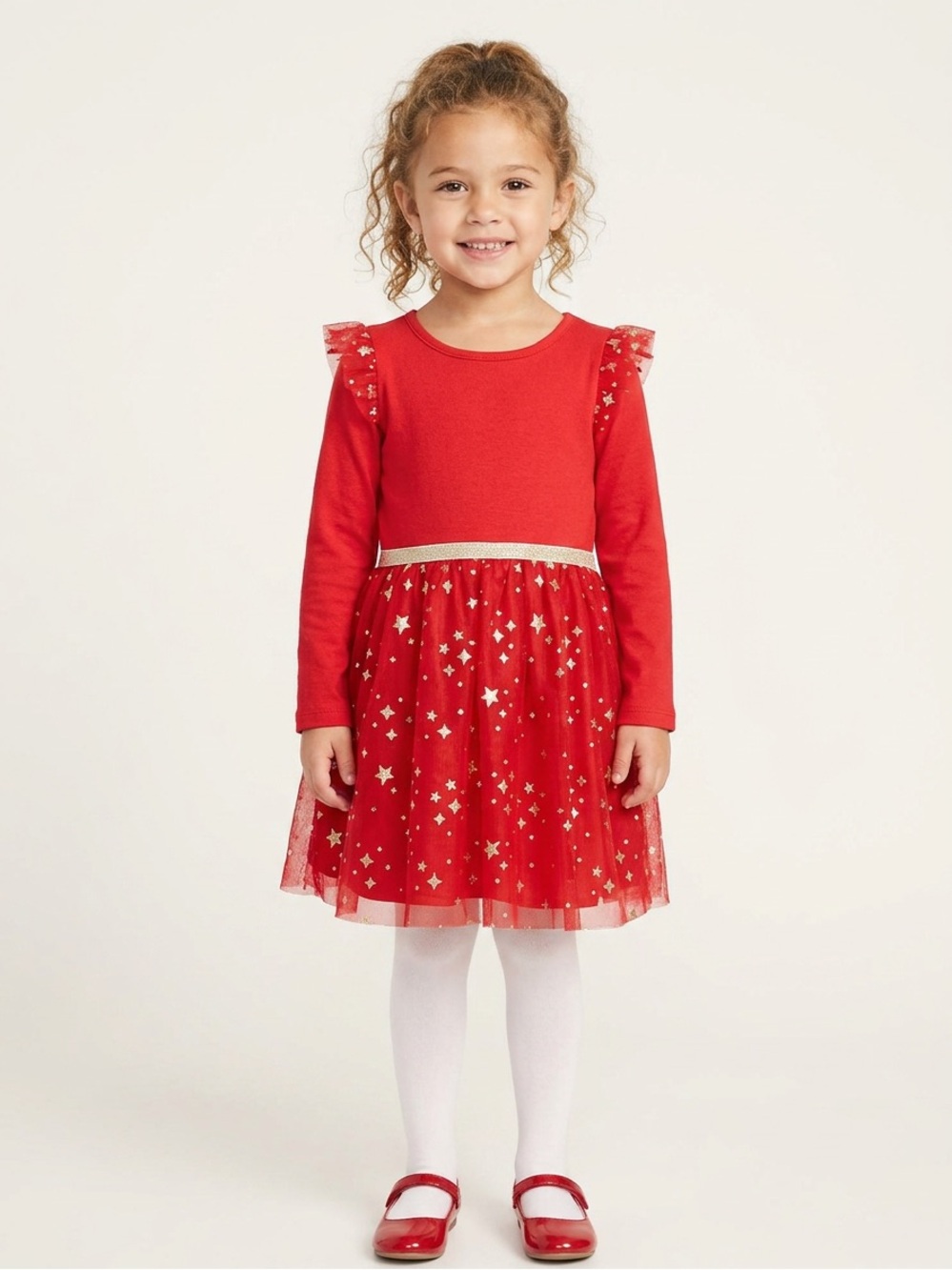 Cat & Jack Red Long-Sleeve Tulle Dress with Gold Stars